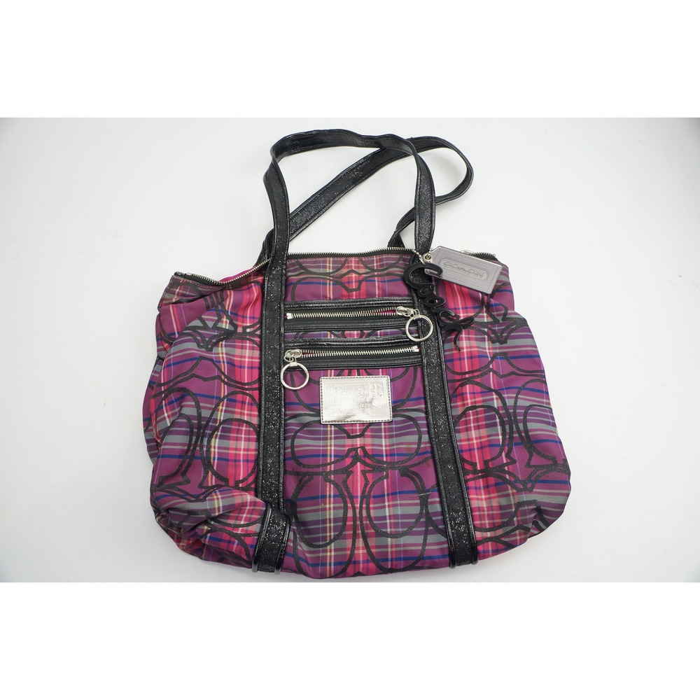 Coach Poppy Glam Tote Bag Purple Pink Plaid Tartan Nylon Glitter Trim 14360 Good